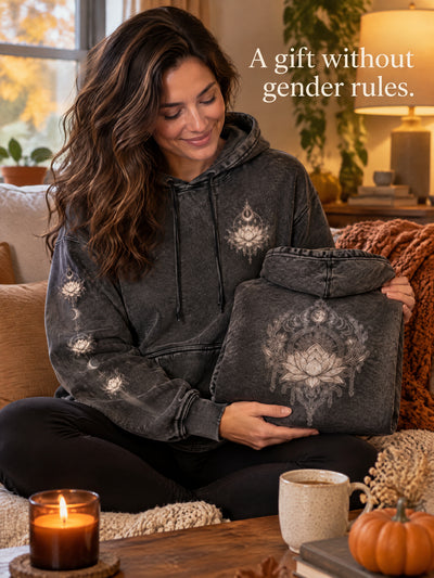 Mineral Wash Lotus Hooded Sweatshirt, Boho Yoga Pullover, Spiritual Meditation Hoodie, Cozy Casual Sweatshirt for Women & Men