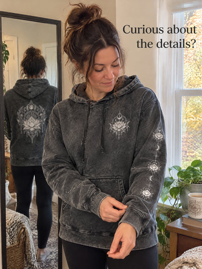 Mineral Wash Lotus Hooded Sweatshirt, Boho Yoga Pullover, Spiritual Meditation Hoodie, Cozy Casual Sweatshirt for Women & Men