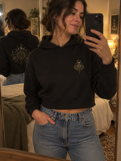 Moon Phase Cropped Hoodie — Black & Bone