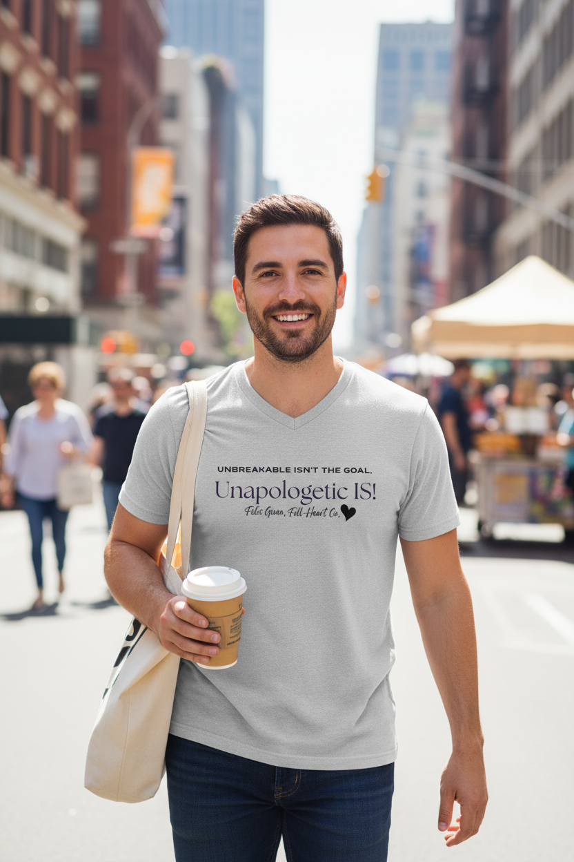 Unbreakable Isn’t the Goal. Unapologetic IS! Unisex V-Neck Tee | Empowerment Shirt for Men & Women — F’cks Given, Full Heart Co.