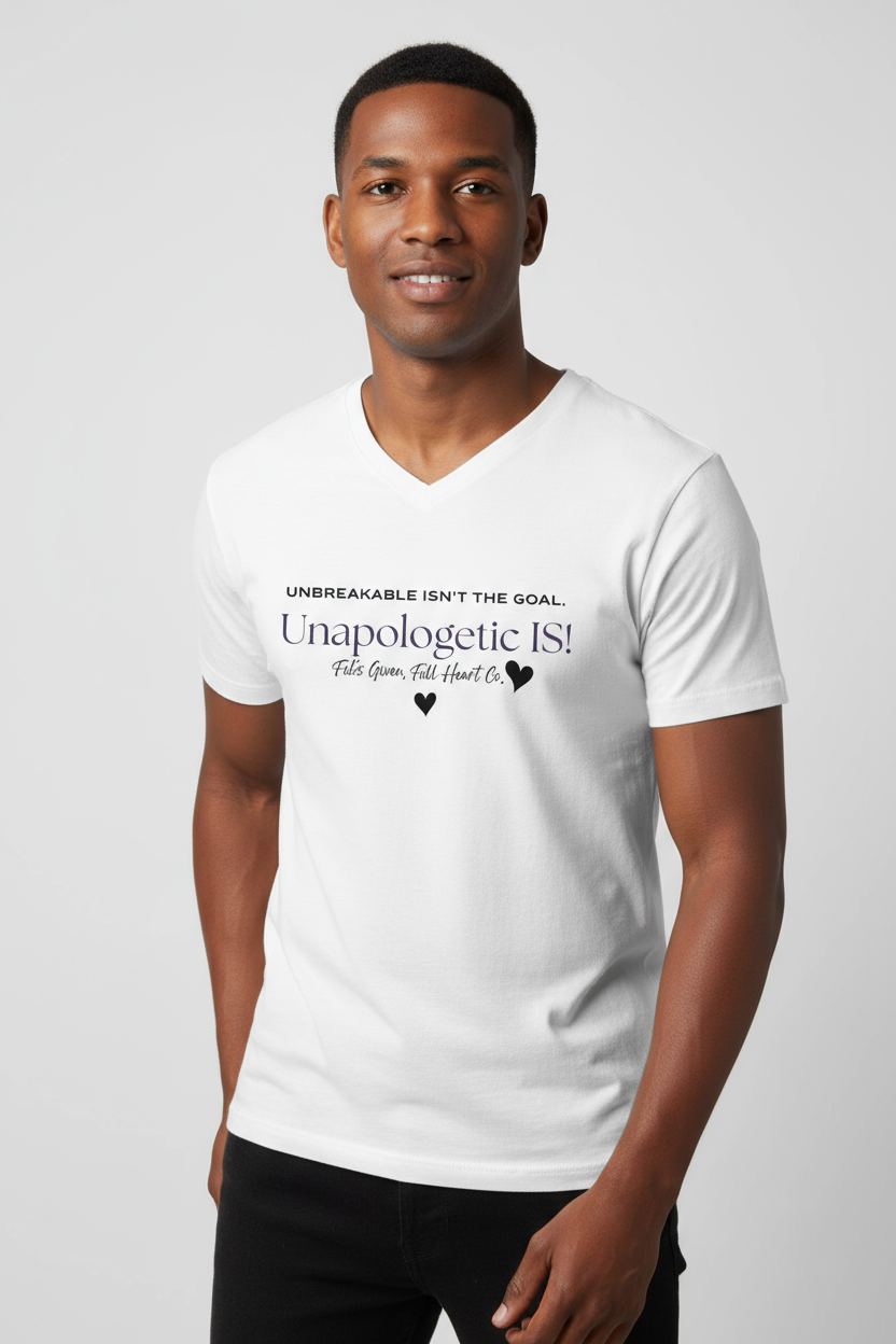 Unbreakable Isn’t the Goal. Unapologetic IS! Unisex V-Neck Tee | Empowerment Shirt for Men & Women — F’cks Given, Full Heart Co.