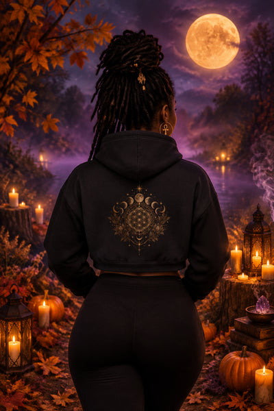 Moon Phase Cropped Hoodie — Black & Bone