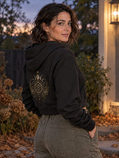 Moon Phase Cropped Hoodie — Black & Bone