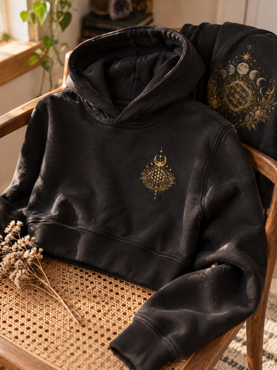 Moon Phase Cropped Hoodie — Black & Bone