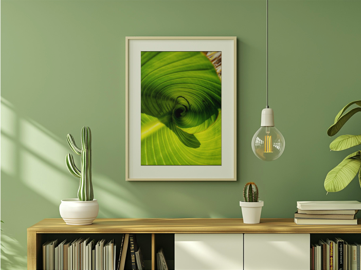 Framed Leaf Spiral Wall Art – Vibrant Green Nature Photography on Canvas | Botanical Zen Decor | 9x12" or 11x14"