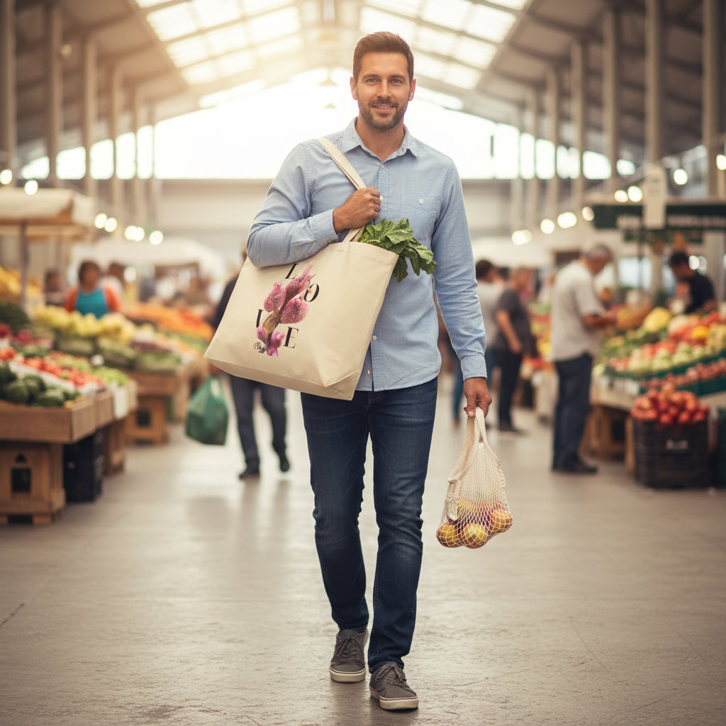Large Organic Cotton Eco Tote, Sustainable LOVE Floral Canvas, Minimalist Reusable Grocery Market Tote, Eco-Friendly Nature-Inspired Gift