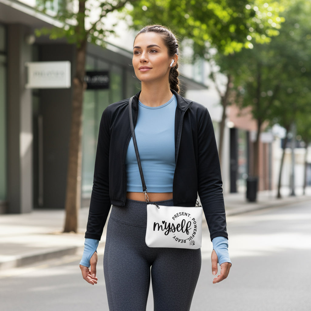 Empowerment Crossbody Bag – “Myself: Present. Powerful. Ready.” Faux Leather Purse with Adjustable Strap & Wristlet | Spiritual Fashion Gift