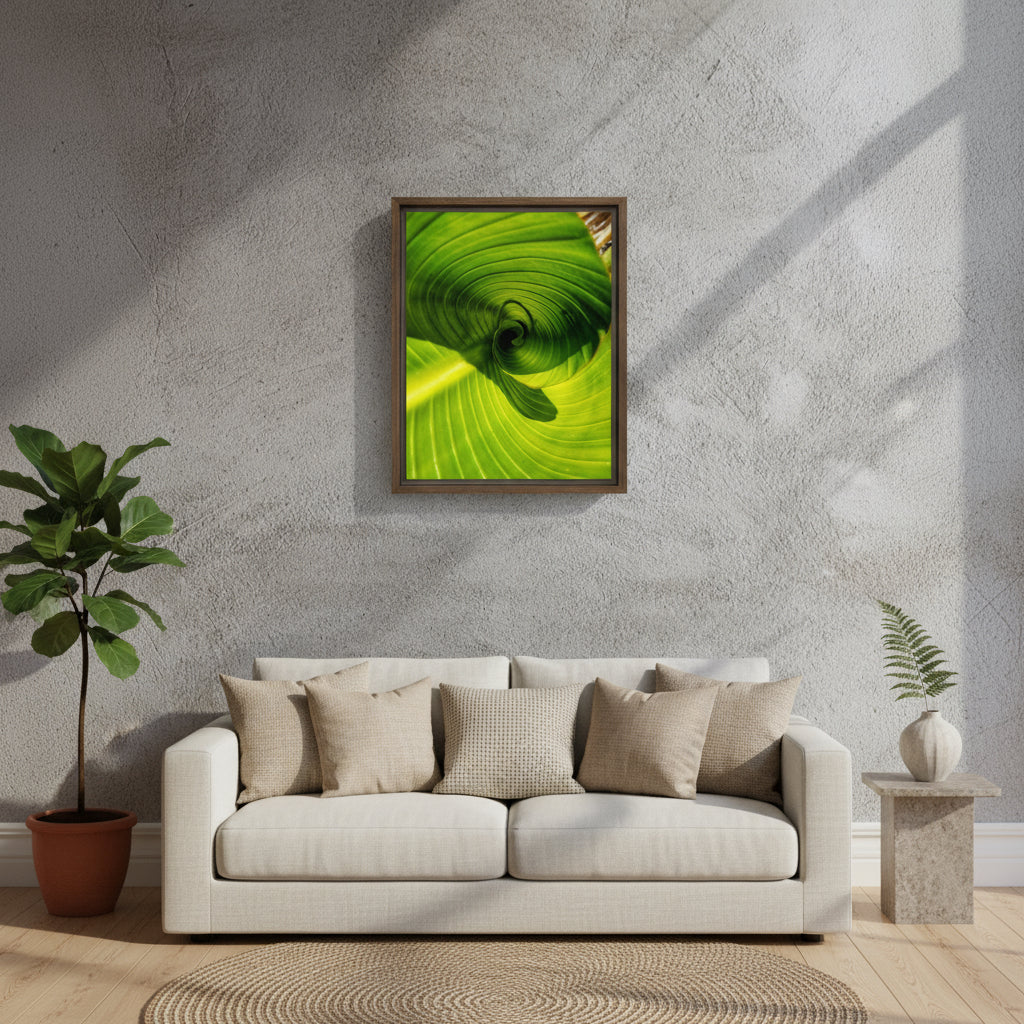 Framed Leaf Spiral Wall Art – Vibrant Green Nature Photography on Canvas | Botanical Zen Decor | 9x12" or 11x14"
