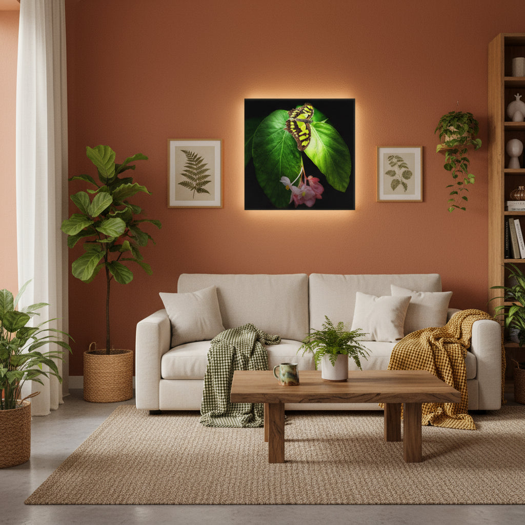 Butterfly Botanical Canvas Wall Art – Nature Photography Print – Green Leaf Insect Wall Décor – Square Canvas Artwork for Home or Studio