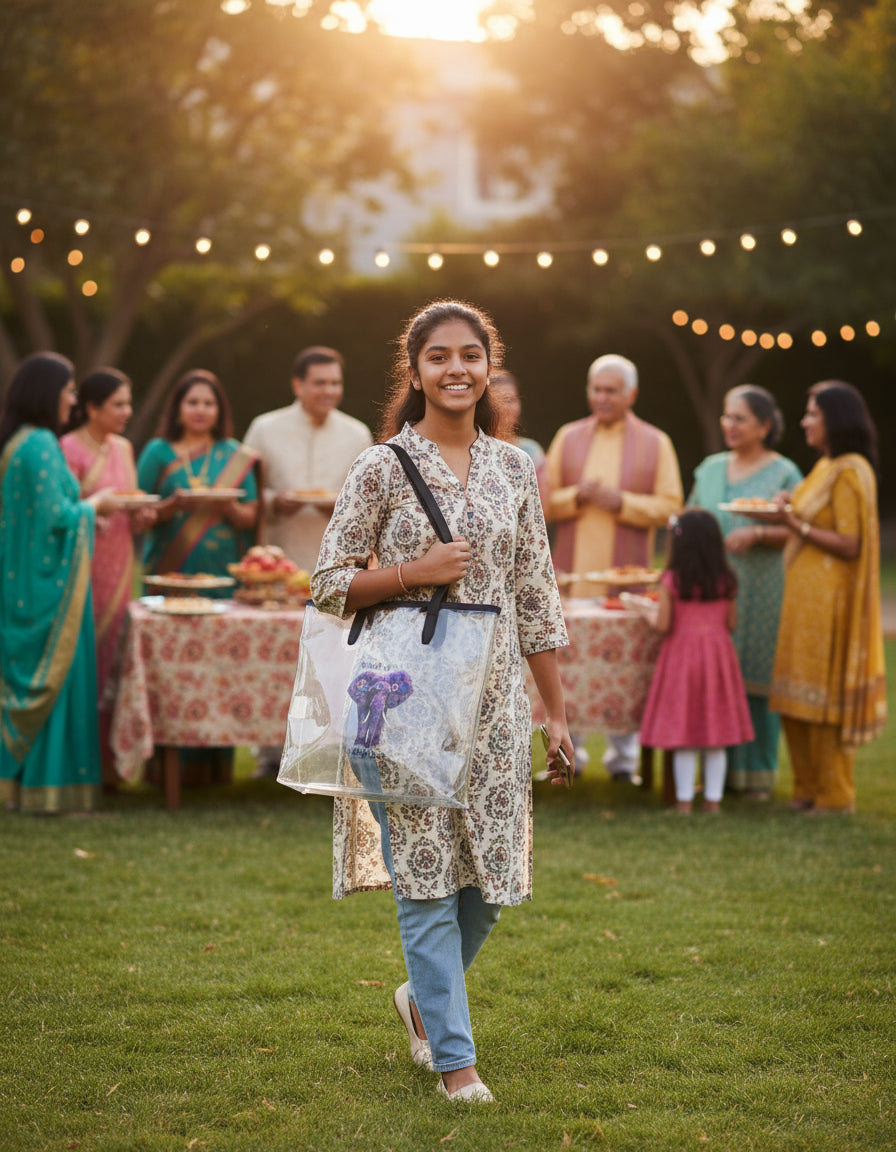 Clear Ganesha Tote – “No Obstacles Need Apply” Stadium-Approved Transparent Bag with Floral Ganesh | Festival, Gym, or Spiritual Gift