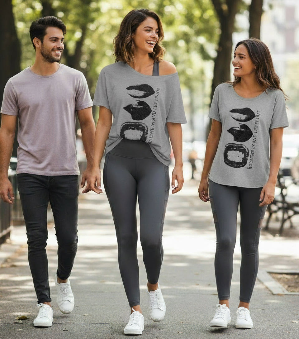 Breathe In and Let It Out Slouchy Tee | Off-Shoulder Women’s T-Shirt by Fck’s Given Full Heart Co.