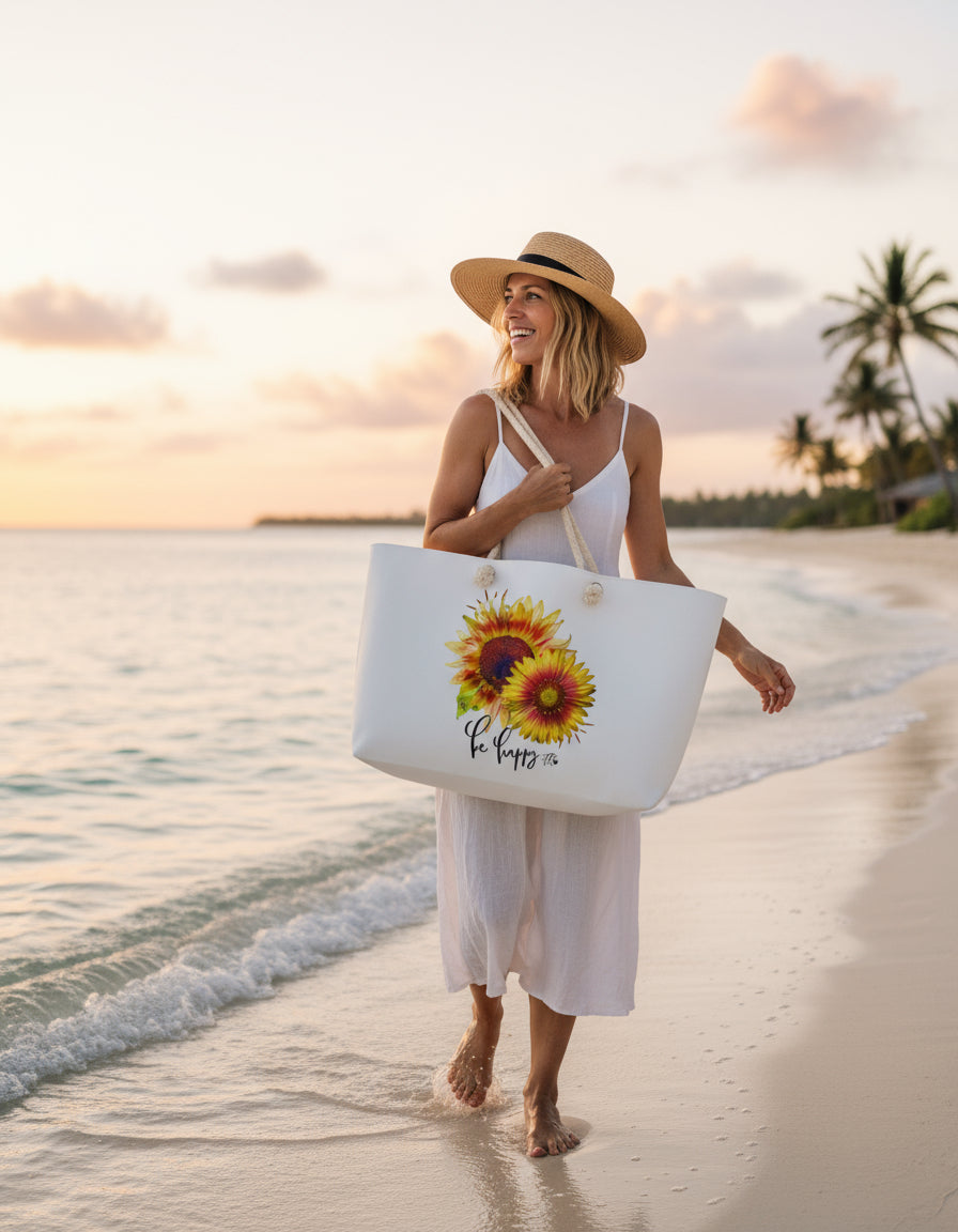 Sunflower Weekender Bag Be Happy Oversized Tote with Rope Handles, Floral Travel Beach Bag, Summer Getaway Bag, Gift Sunflower Lovers