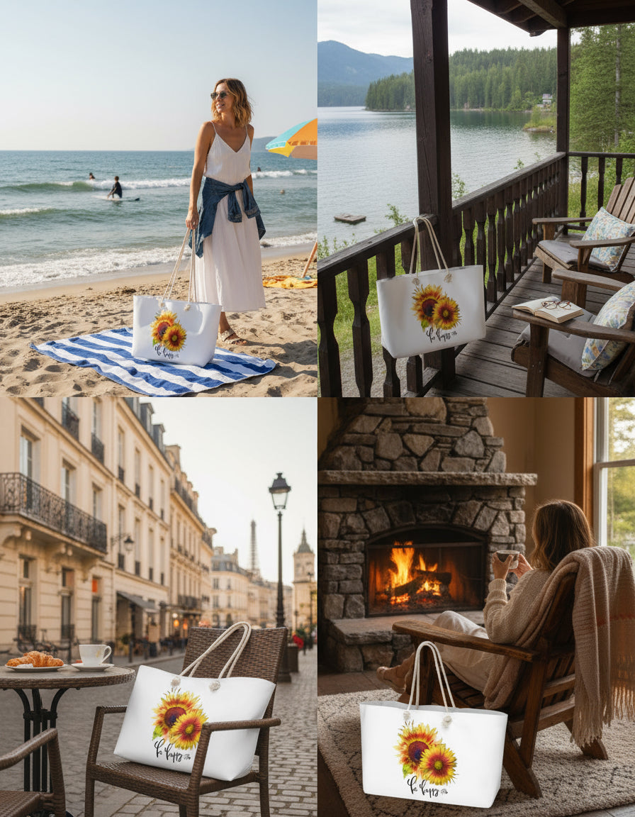 Sunflower Weekender Bag Be Happy Oversized Tote with Rope Handles, Floral Travel Beach Bag, Summer Getaway Bag, Gift Sunflower Lovers