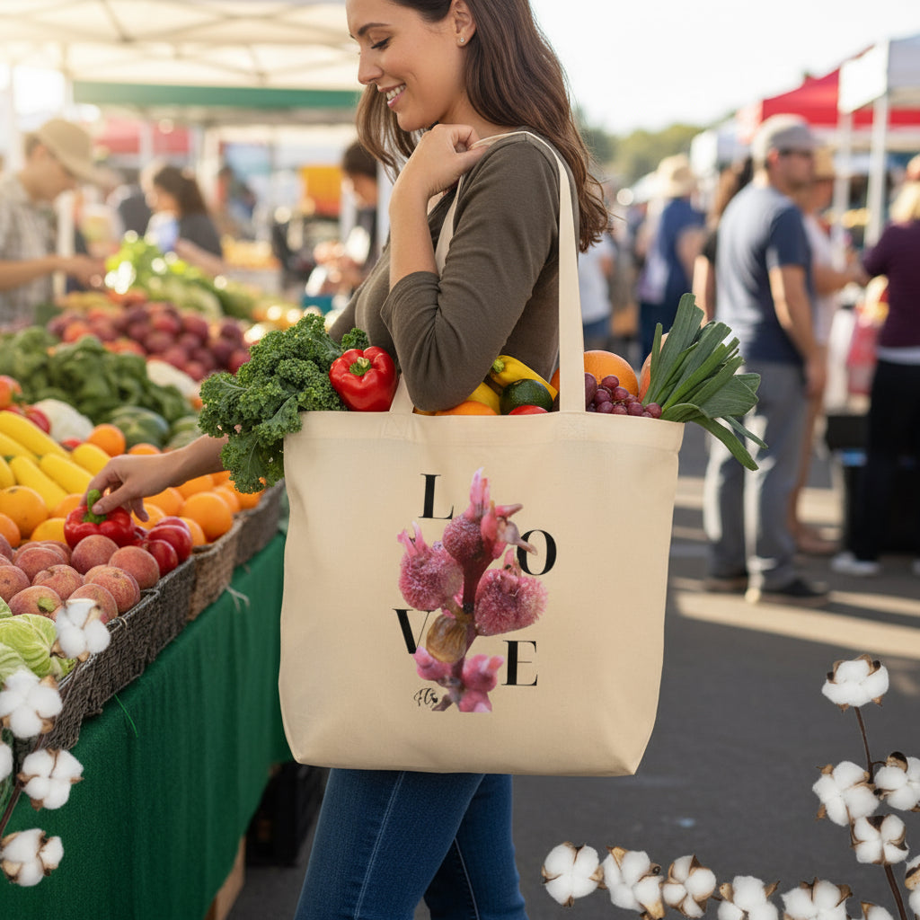 Large Organic Cotton Eco Tote, Sustainable LOVE Floral Canvas, Minimalist Reusable Grocery Market Tote, Eco-Friendly Nature-Inspired Gift