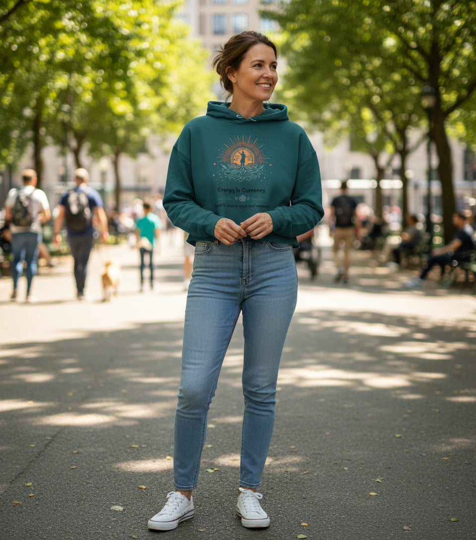 Crop Fleece Hoodie for Conscious Women | Energy is Currency – Sassy, Soft & Soul-Aligned | Fck’s Given Full Heart Co.