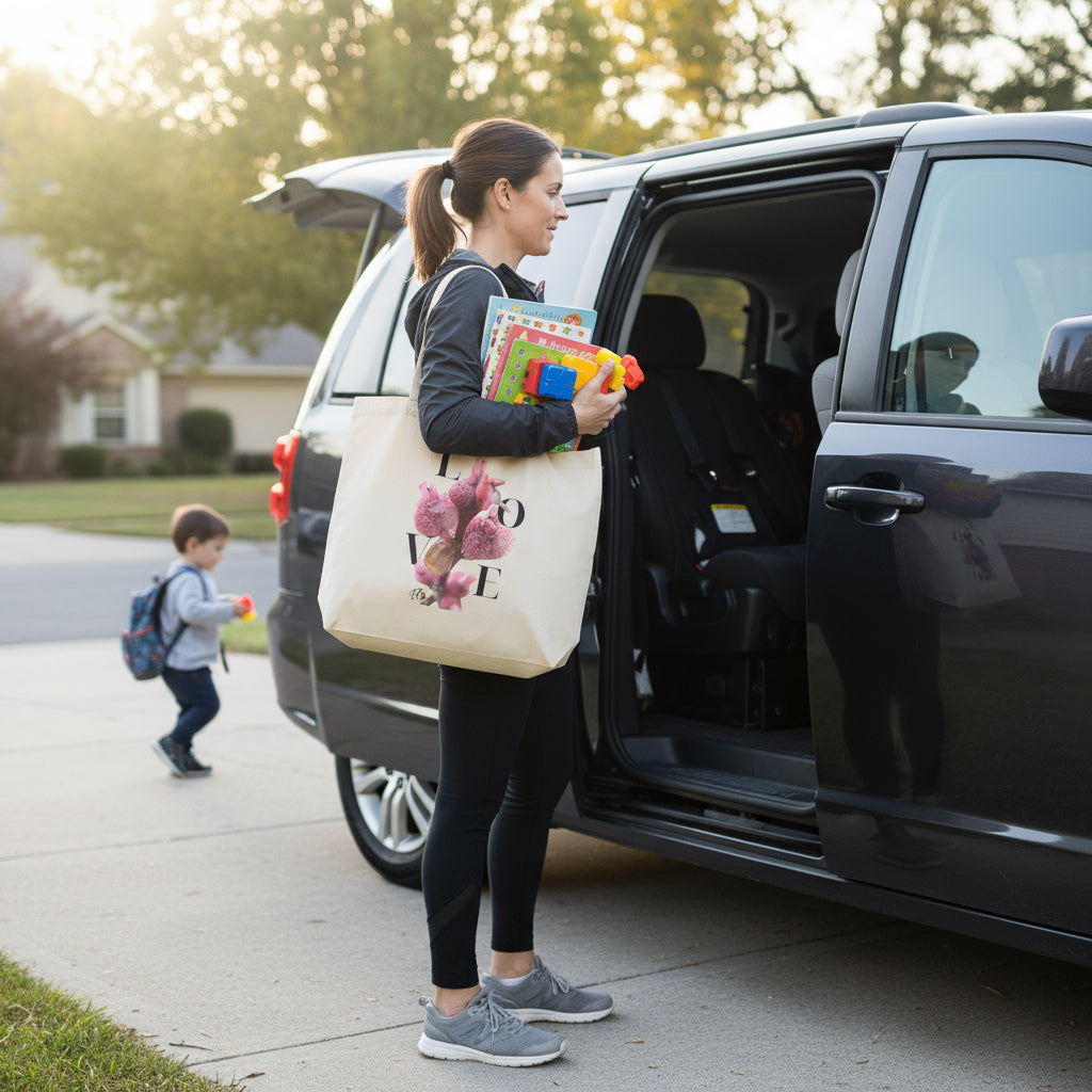 Medium Organic Cotton Eco Tote – Sustainable LOVE Floral Canvas Bag | Minimalist Reusable Grocery Market Tote | Eco-Friendly Nature-Inspired Gift