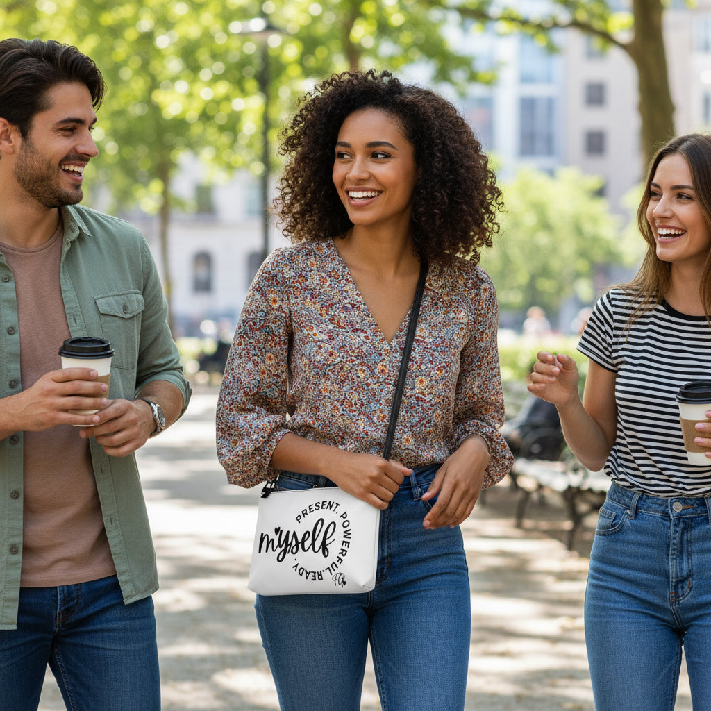 Empowerment Crossbody Bag – “Myself: Present. Powerful. Ready.” Faux Leather Purse with Adjustable Strap & Wristlet | Spiritual Fashion Gift