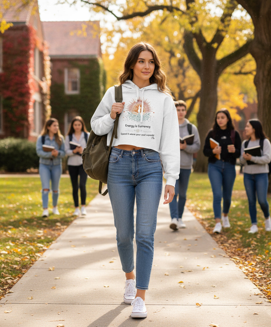 Crop Fleece Hoodie for Conscious Women | Energy is Currency – Sassy, Soft & Soul-Aligned | Fck’s Given Full Heart Co.