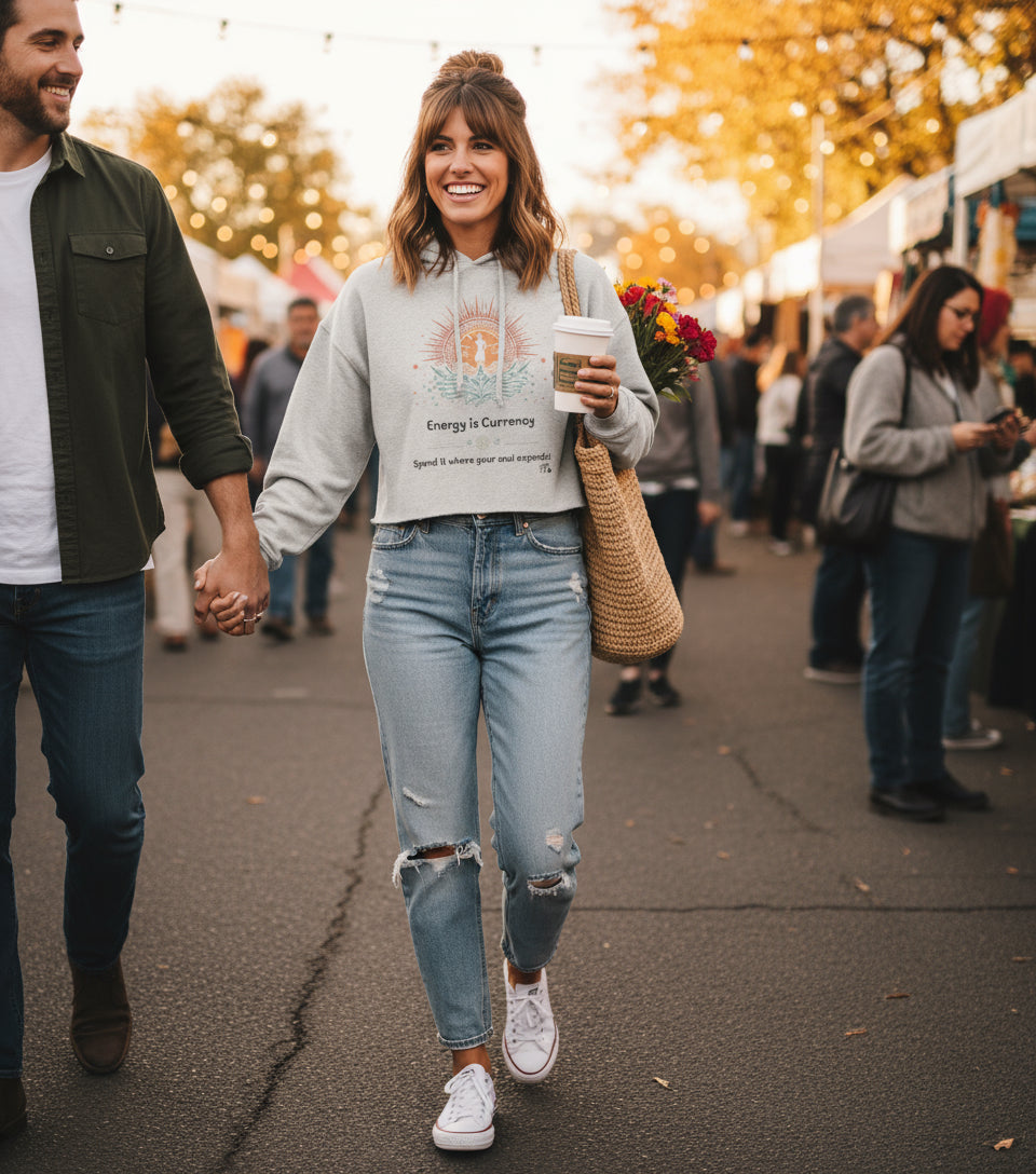 Crop Fleece Hoodie for Conscious Women | Energy is Currency – Sassy, Soft & Soul-Aligned | Fck’s Given Full Heart Co.
