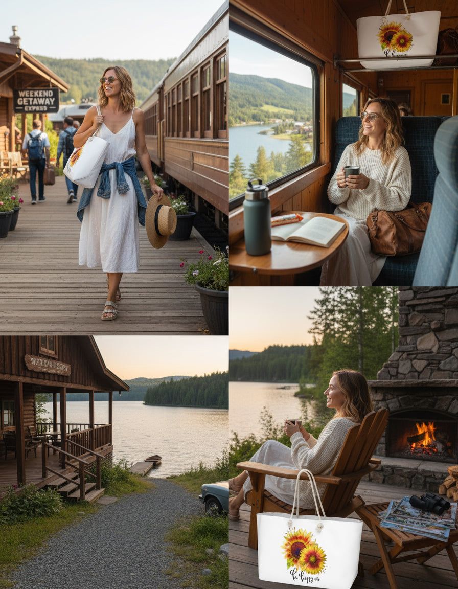 Sunflower Weekender Bag Be Happy Oversized Tote with Rope Handles, Floral Travel Beach Bag, Summer Getaway Bag, Gift Sunflower Lovers