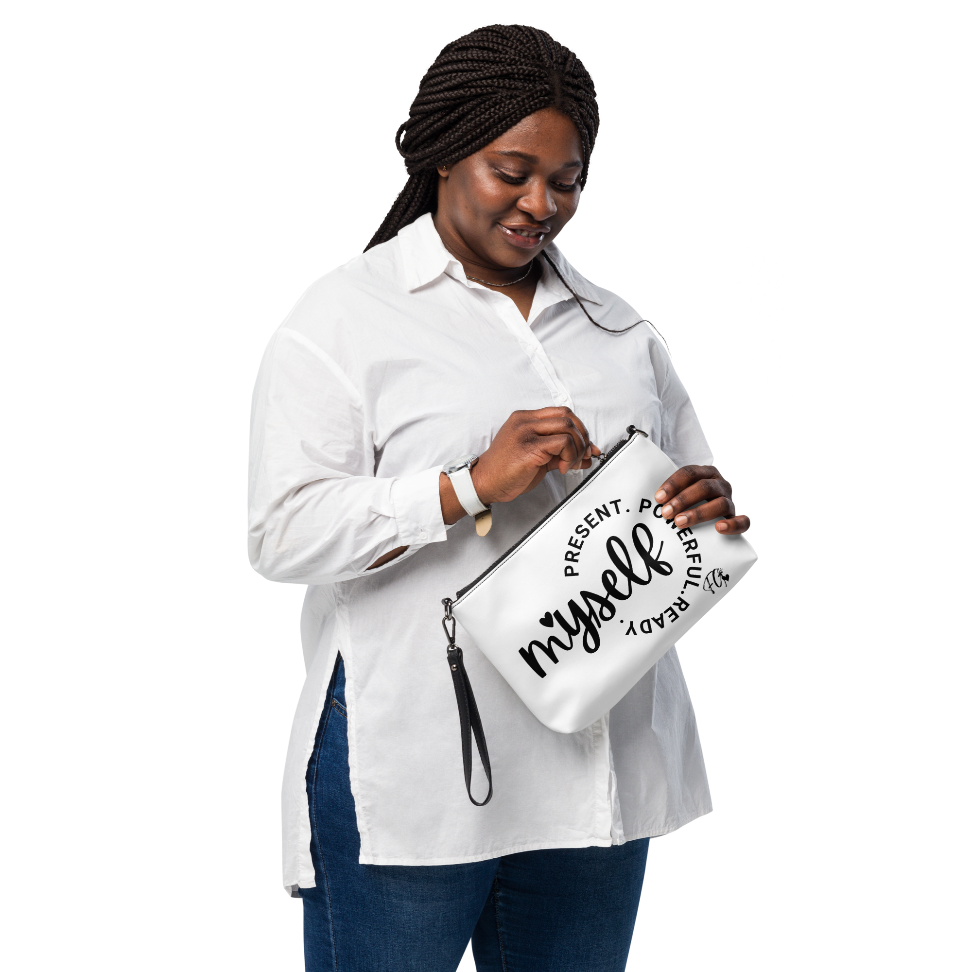 Empowerment Crossbody Bag – “Myself: Present. Powerful. Ready.” Faux Leather Purse with Adjustable Strap & Wristlet | Spiritual Fashion Gift