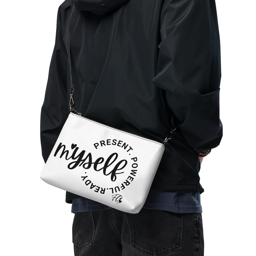 Empowerment Crossbody Bag – “Myself: Present. Powerful. Ready.” Faux Leather Purse with Adjustable Strap & Wristlet | Spiritual Fashion Gift