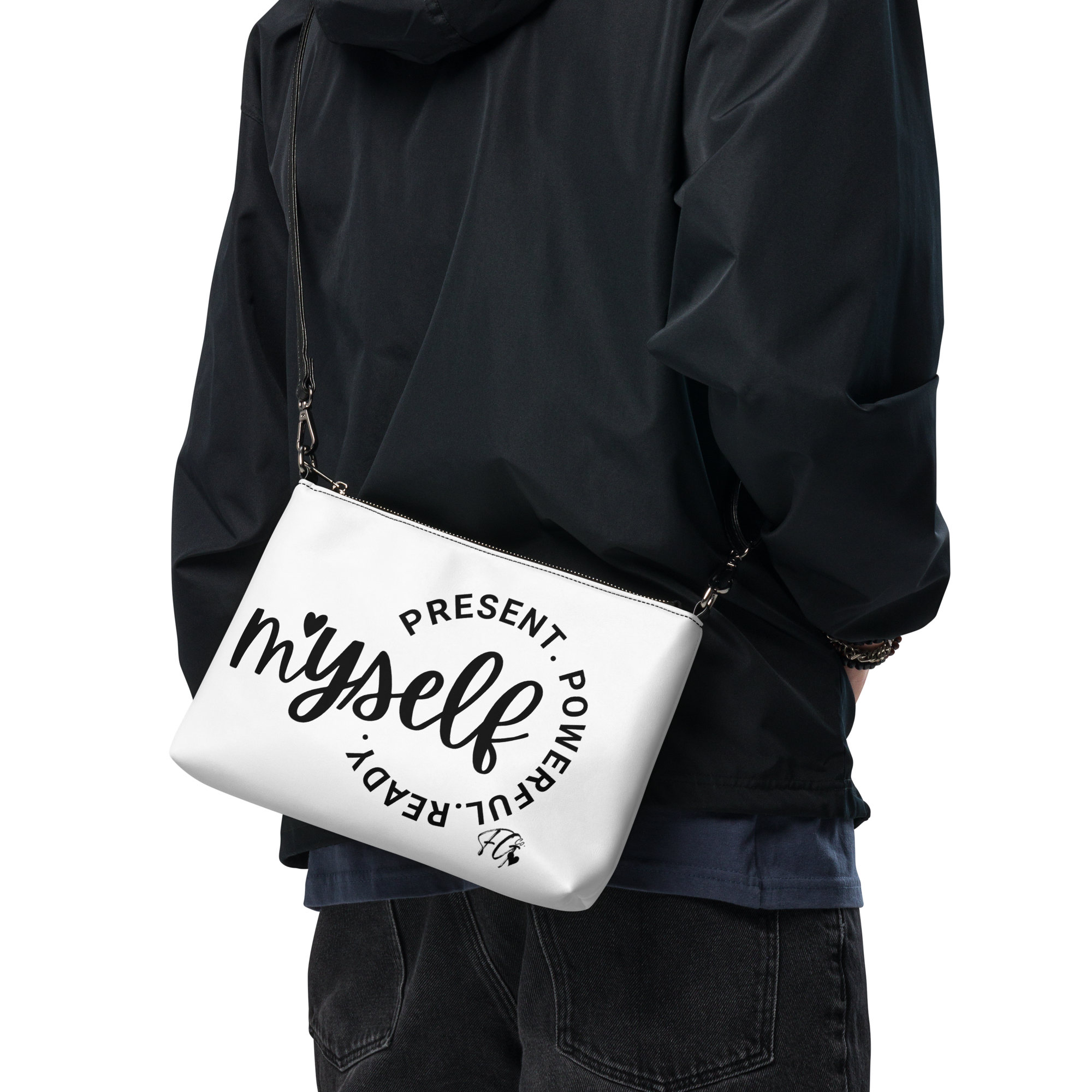 Empowerment Crossbody Bag – “Myself: Present. Powerful. Ready.” Faux Leather Purse with Adjustable Strap & Wristlet | Spiritual Fashion Gift