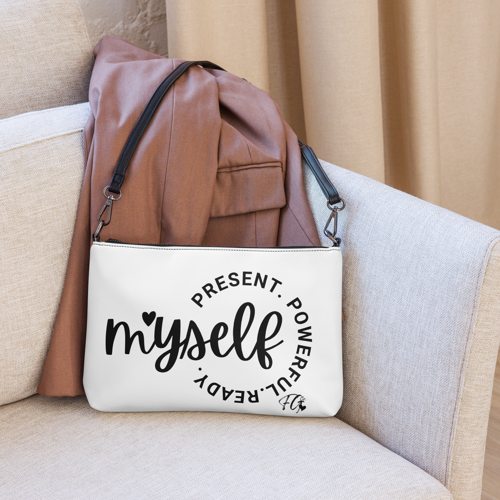 Empowerment Crossbody Bag – “Myself: Present. Powerful. Ready.” Faux Leather Purse with Adjustable Strap & Wristlet | Spiritual Fashion Gift