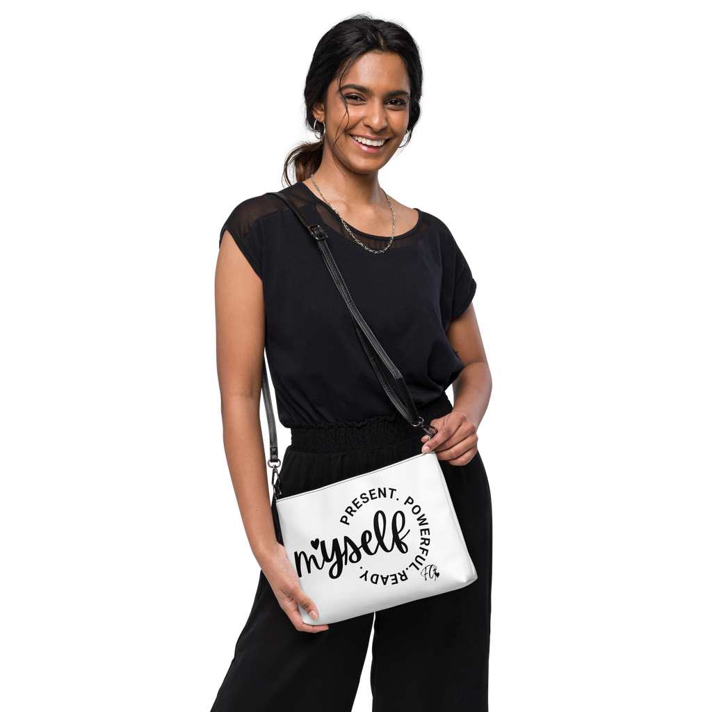 Empowerment Crossbody Bag – “Myself: Present. Powerful. Ready.” Faux Leather Purse with Adjustable Strap & Wristlet | Spiritual Fashion Gift