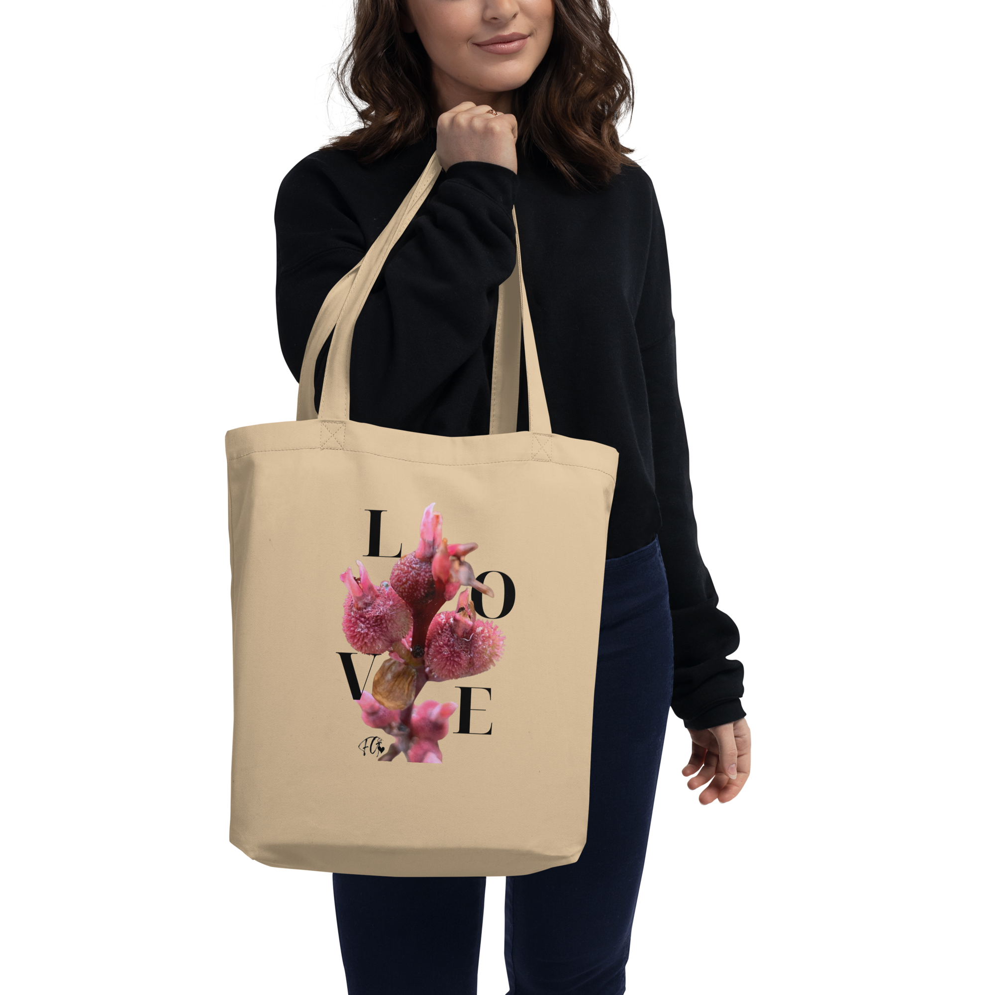 Medium Organic Cotton Eco Tote – Sustainable LOVE Floral Canvas Bag | Minimalist Reusable Grocery Market Tote | Eco-Friendly Nature-Inspired Gift