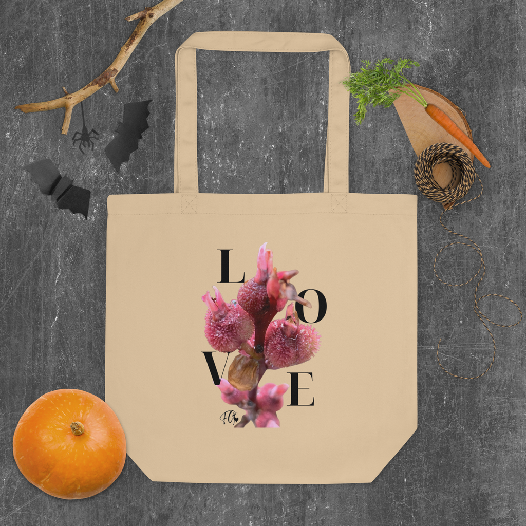 Medium Organic Cotton Eco Tote – Sustainable LOVE Floral Canvas Bag | Minimalist Reusable Grocery Market Tote | Eco-Friendly Nature-Inspired Gift
