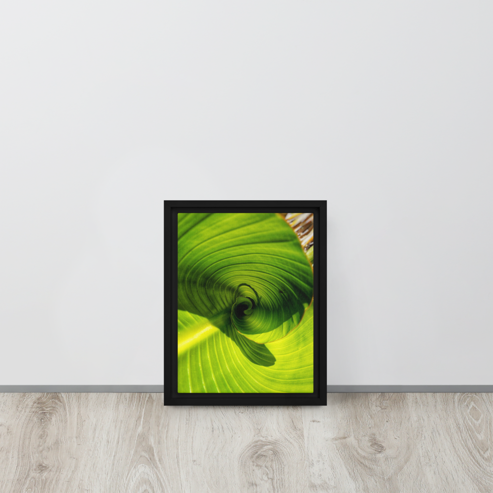 Framed Leaf Spiral Wall Art – Vibrant Green Nature Photography on Canvas | Botanical Zen Decor | 9x12" or 11x14"