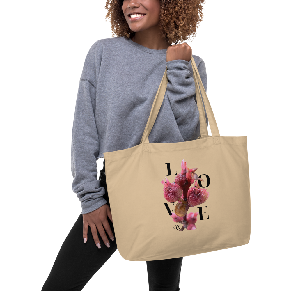 Large Organic Cotton Eco Tote, Sustainable LOVE Floral Canvas, Minimalist Reusable Grocery Market Tote, Eco-Friendly Nature-Inspired Gift