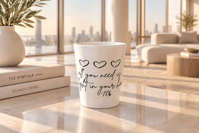 Ceramic Latte Mug, 12 Oz White Coffee Cup with Heart Print All You Need Is Light In your Heart