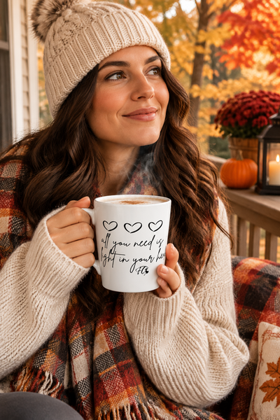 Ceramic Latte Mug, 12 Oz White Coffee Cup with Heart Print All You Need Is Light In your Heart