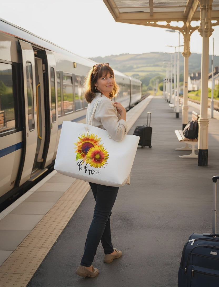 Sunflower Weekender Bag Be Happy Oversized Tote with Rope Handles, Floral Travel Beach Bag, Summer Getaway Bag, Gift Sunflower Lovers