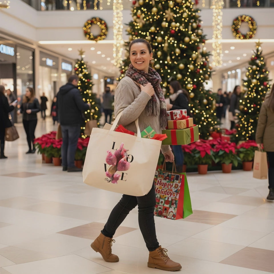 Large Organic Cotton Eco Tote, Sustainable LOVE Floral Canvas, Minimalist Reusable Grocery Market Tote, Eco-Friendly Nature-Inspired Gift