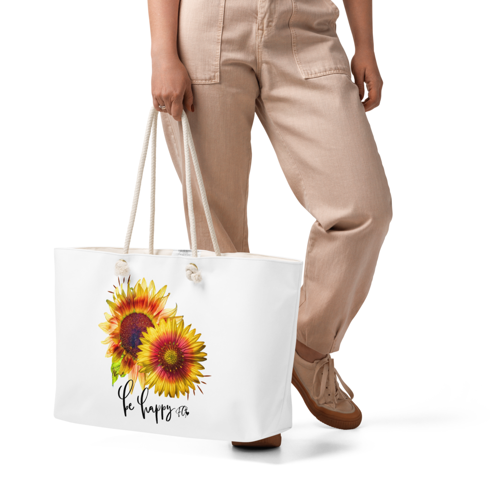 Sunflower Weekender Bag Be Happy Oversized Tote with Rope Handles, Floral Travel Beach Bag, Summer Getaway Bag, Gift Sunflower Lovers